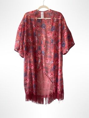 Floral Fringe Kimono Cardigan | Mauve/Rose | One Size lightweight